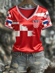 Women's CROATIA 2026 Football V-Neck Short-Sleeve Silk T-Shirt