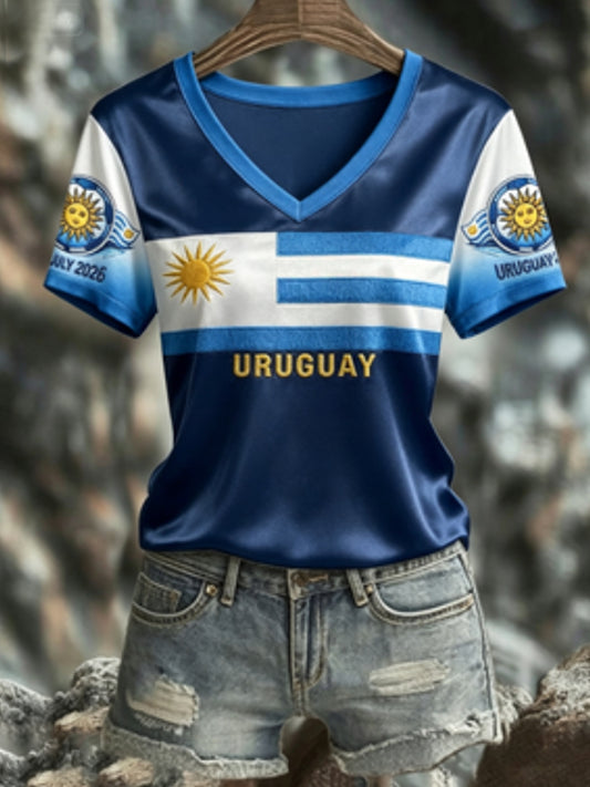 Women's URUGUAY 2026 Football V-Neck Short-Sleeve Silk T-Shirt