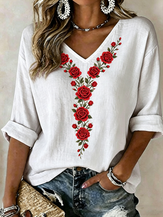 Women's Floral Print Mid-length Sleeves V-Neck T-Shirt