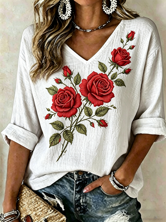 Women's Floral Print Mid-length Sleeves V-Neck T-Shirt