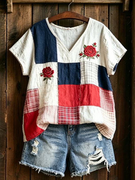 Women's Floral Print linen short-sleeved T-shirt