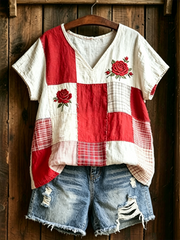 Women's Floral Print linen short-sleeved T-shirt