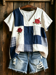 Women's Floral Print linen short-sleeved T-shirt