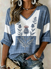 Women's Scottish Thistle Print Mid-length Sleeves V-Neck T-Shirt