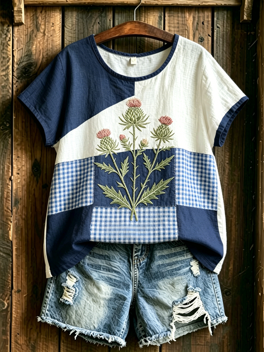 Women's Scottish Thistle Print linen short-sleeved T-shirt