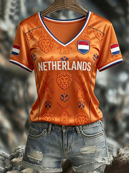 Women's NETHERLANDS 2026 Football V-Neck Short-Sleeve Silk T-Shirt