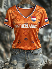 Women's NETHERLANDS 2026 Football V-Neck Short-Sleeve Silk T-Shirt