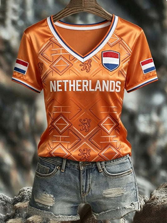 Women's NETHERLANDS 2026 Football V-Neck Short-Sleeve Silk T-Shirt