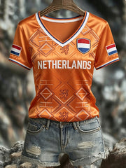 Women's NETHERLANDS 2026 Football V-Neck Short-Sleeve Silk T-Shirt