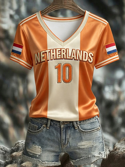 Women's NETHERLANDS 2026 Football V-Neck Short-Sleeve Silk T-Shirt