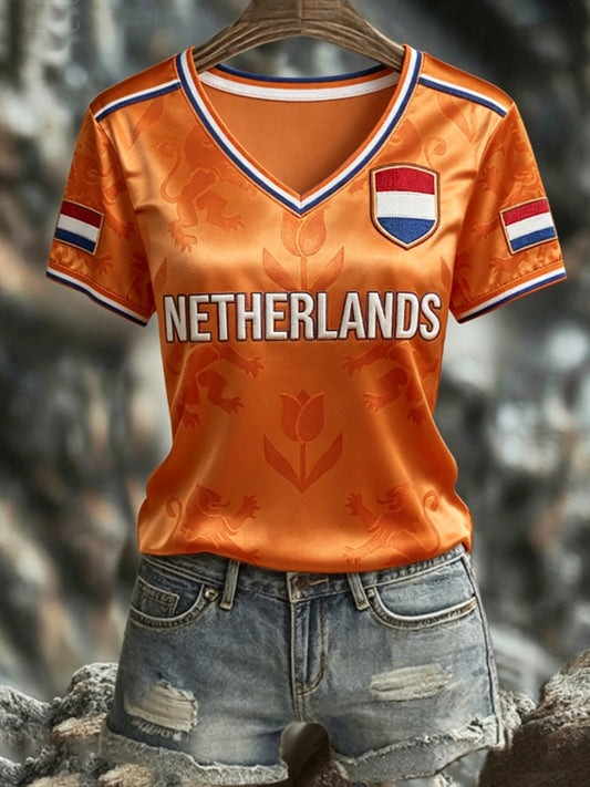 Women's NETHERLANDS 2026 Football V-Neck Short-Sleeve Silk T-Shirt