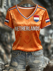Women's NETHERLANDS 2026 Football V-Neck Short-Sleeve Silk T-Shirt