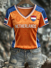 Women's NETHERLANDS 2026 Football V-Neck Short-Sleeve Silk T-Shirt