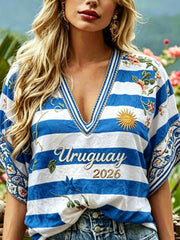 Women's Uruguay 2026 Embroidered Cotton Linen Shirt