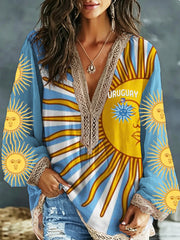 Women's Uruguay 2026  Embroidered Cotton Linen V-Neck Long Sleeve Shirt