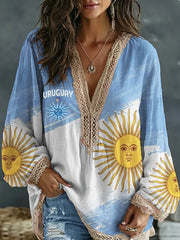 Women's Uruguay 2026  Embroidered Cotton Linen V-Neck Long Sleeve Shirt