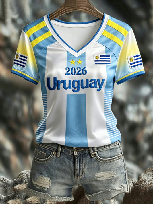 Women's URUGUAY 2026 Football V-Neck Short-Sleeve Silk T-Shirt