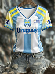 Women's URUGUAY 2026 Football V-Neck Short-Sleeve Silk T-Shirt