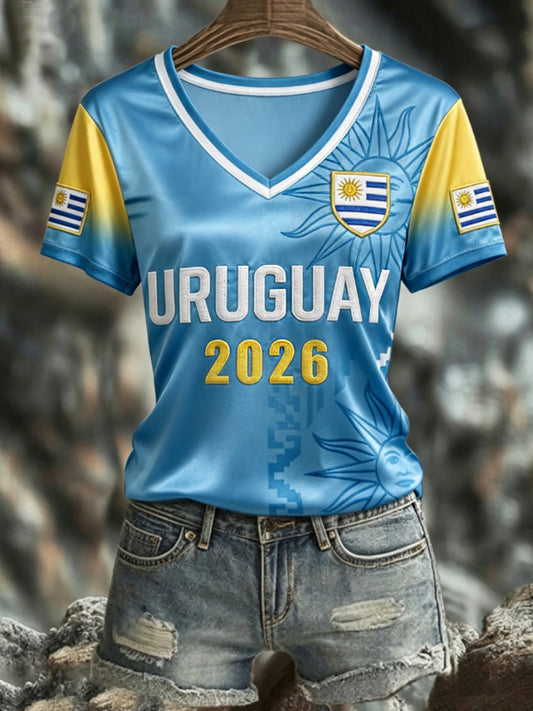Women's URUGUAY 2026 Football V-Neck Short-Sleeve Silk T-Shirt