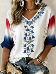 Damen Leinen-T-Shirt mit Glockenblumenprint und kurzen Ärmeln