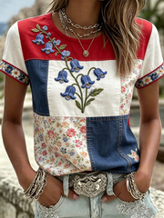 Damen Kurzarm-T-Shirt aus Leinen mit Glockenblumenprint