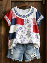 Damen Leinen-T-Shirt mit Glockenblumenmuster und kurzen Ärmeln