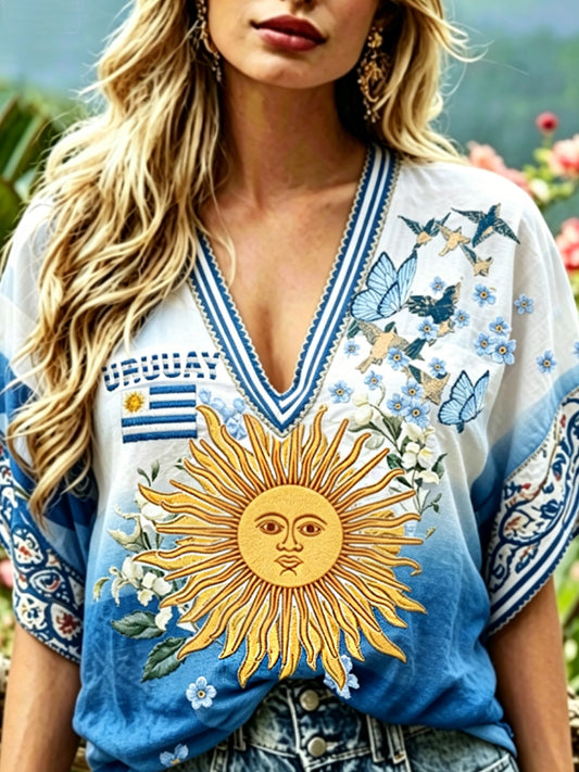 Women's Uruguay 2026 Embroidered Cotton Linen Shirt