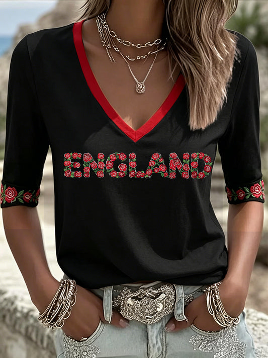 Women's England Rugby Lover Roses Art Printed T-Shirt
