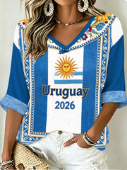 Women's URUGUAY 2026 Football Mid-length Sleeves V-Neck T-Shirt