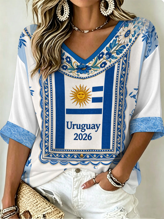 Women's URUGUAY 2026 Football Mid-length Sleeves V-Neck T-Shirt