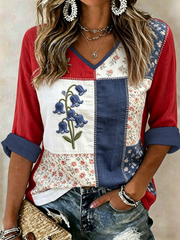 Damen-T-Shirt aus Leinen mit Glockenblumen-Print und kurzen Ärmeln