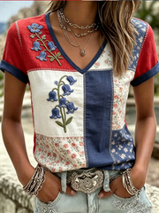 Damen-T-Shirt aus Leinen mit Glockenblumenprint und kurzen Ärmeln