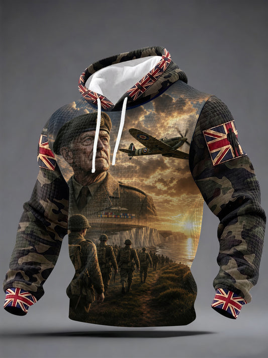 Men's UK Flag Veteran Camouflage Print Casual Waffle Hoodie