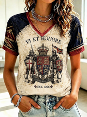 Women's British Knight Royal Arms Printed V-neck T-Shirt