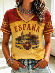Women's Spanish Football Printed V-neck T-shirt