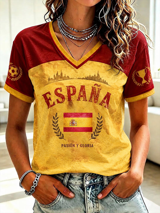 Women's Spanish Football Printed V-neck T-shirt