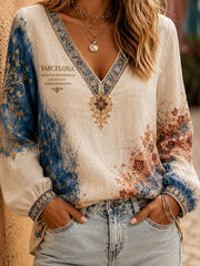 Women's Barcelona Floral Art Printed Linen Tops