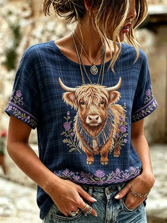 Women's Highland Denim Plaid Print T-shirt