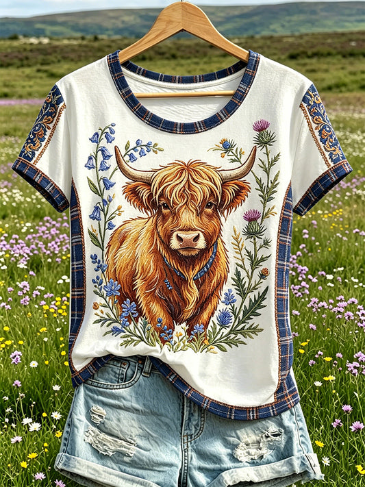Women's Highland Denim Plaid Print T-shirt