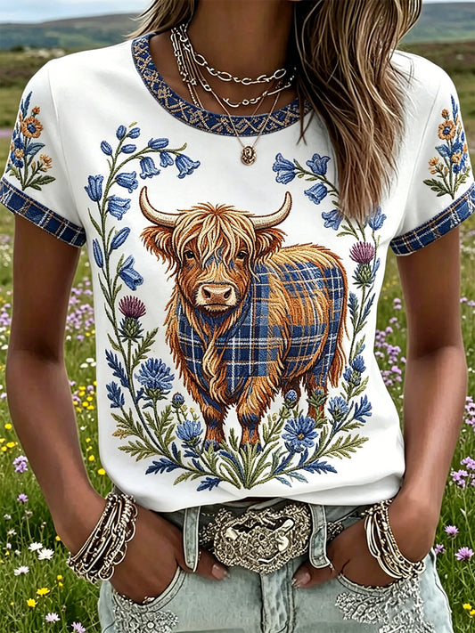 Women's Highland Denim Plaid Print T-shirt