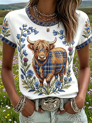 Women's Highland Denim Plaid Print T-shirt