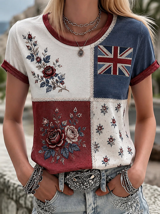 Women's British style Plants And Flowers Print Casual T-Shirt