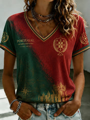 Women's Portuguese Football Printed V-neck T-shirt