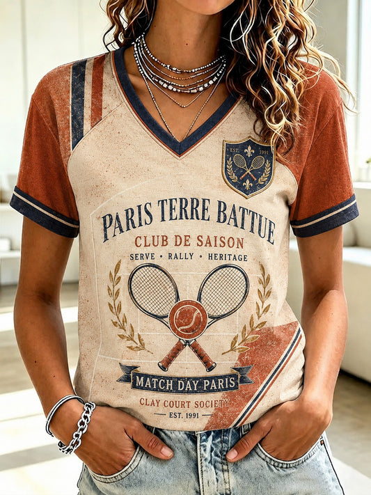 Women's Championnats Internationaux de France de Tennis Printed V-neck T-shirt