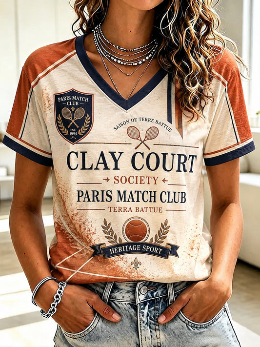 Women's Championnats Internationaux de France de Tennis Printed V-neck T-shirt