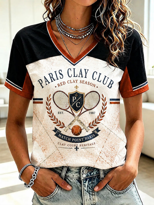 Women's Championnats Internationaux de France de Tennis Printed V-neck T-shirt