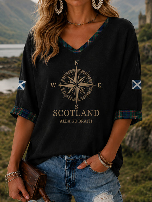 Women's Alba gu bràth Tartan Print Casual Half-Sleeve V-Neck T-Shirt