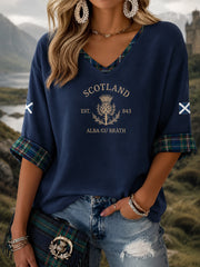Women's Alba gu bràth Tartan Print Casual Half-Sleeve V-Neck T-Shirt