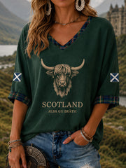 Women's Alba gu bràth Tartan Print Casual Half-Sleeve V-Neck T-Shirt