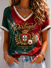 Women's Portuguese Football Printed V-neck T-shirt